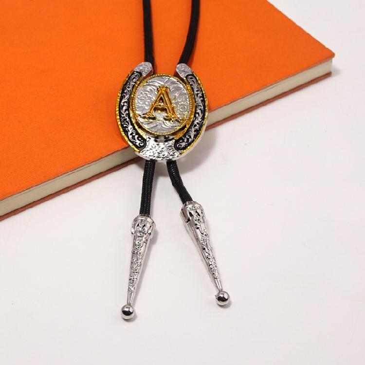 Tribal Faux Leather Rope Bolo Tie Unique Western Necktie Metal Initial Letter Necklace for Men and Womens Party Outfits