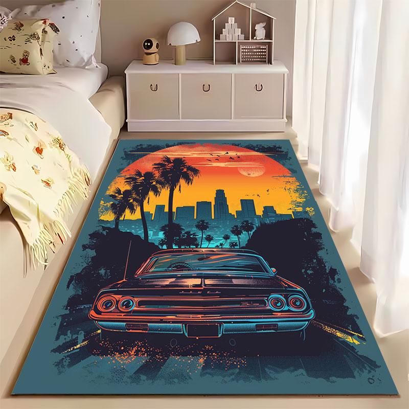 Retro Car with City Sunset suitable as a non-slip mat for the living room or bedroom sofa