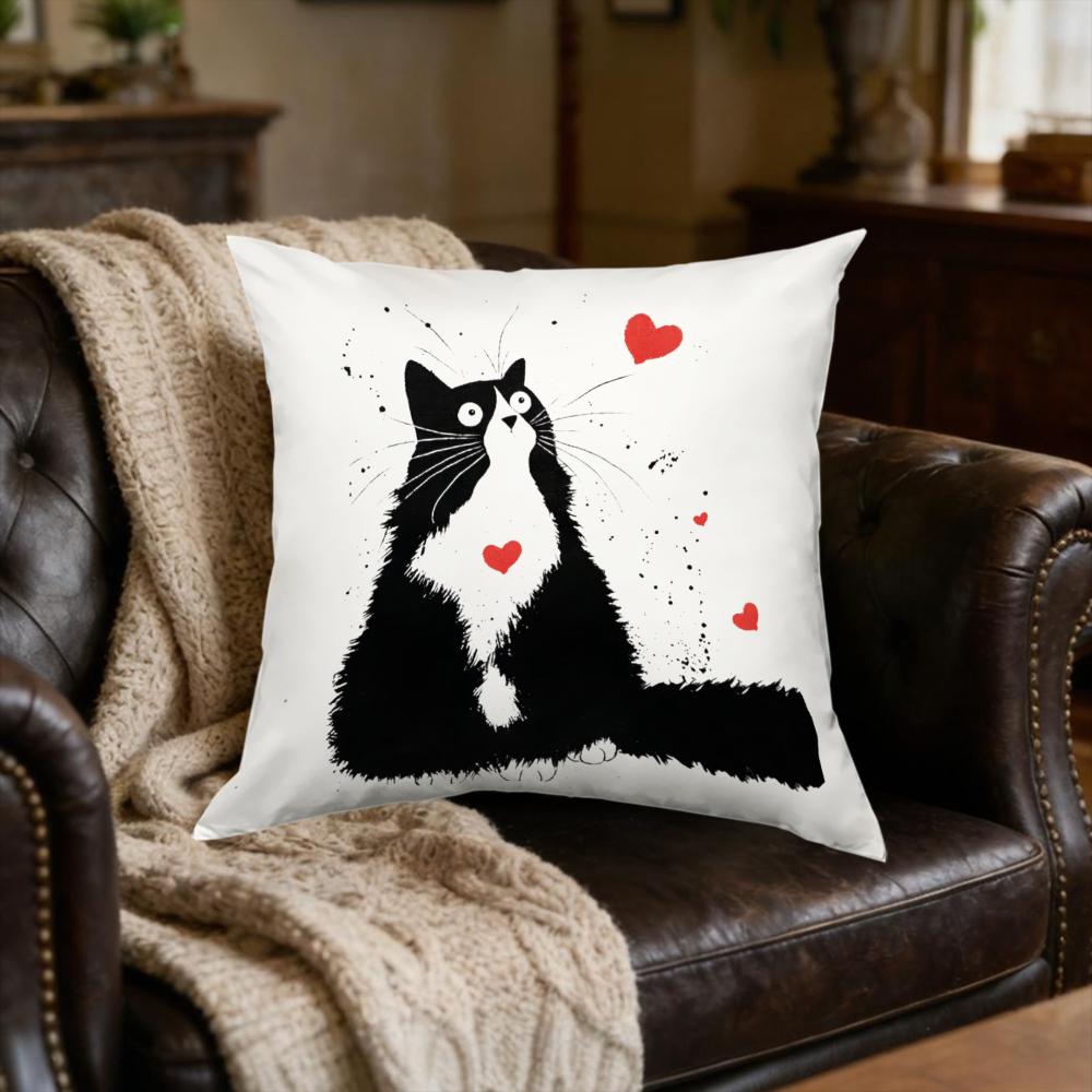 Cartoon Black Cat Red Hearts White Cushion Cover Soft Throw Pillowcase for Sofa Bedroom Home Decor