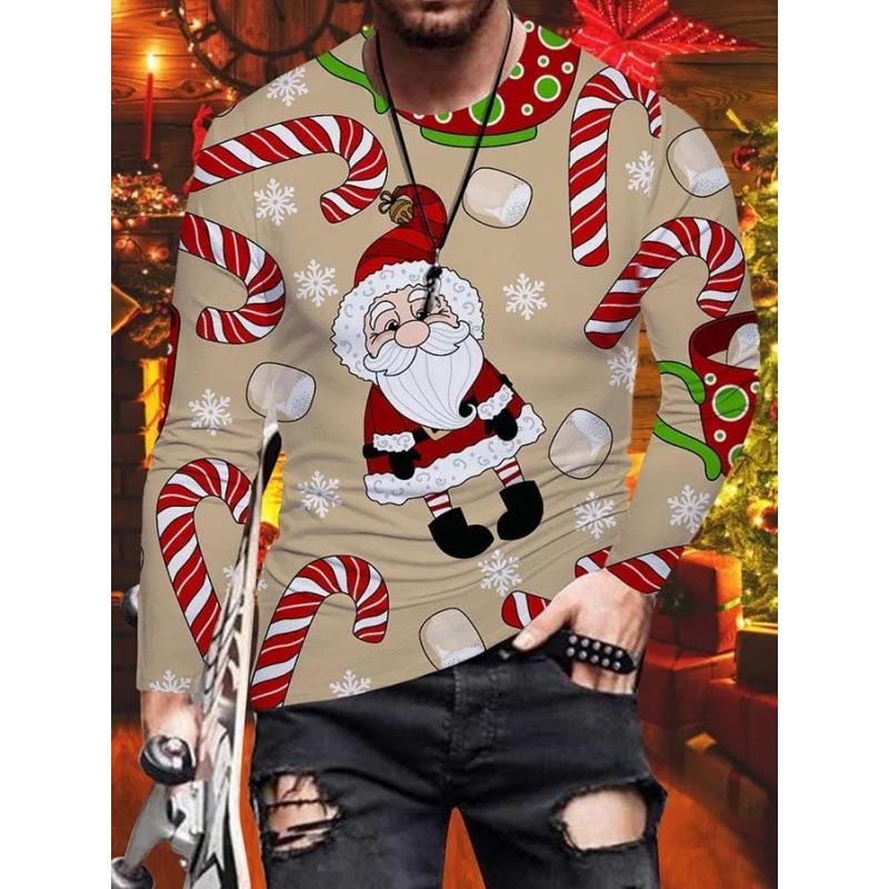 New Men's Long Sleeved Round Neck T-shirtr Autumn Winter Christmas 3D Digital Printed Christmas Tree T-shirt