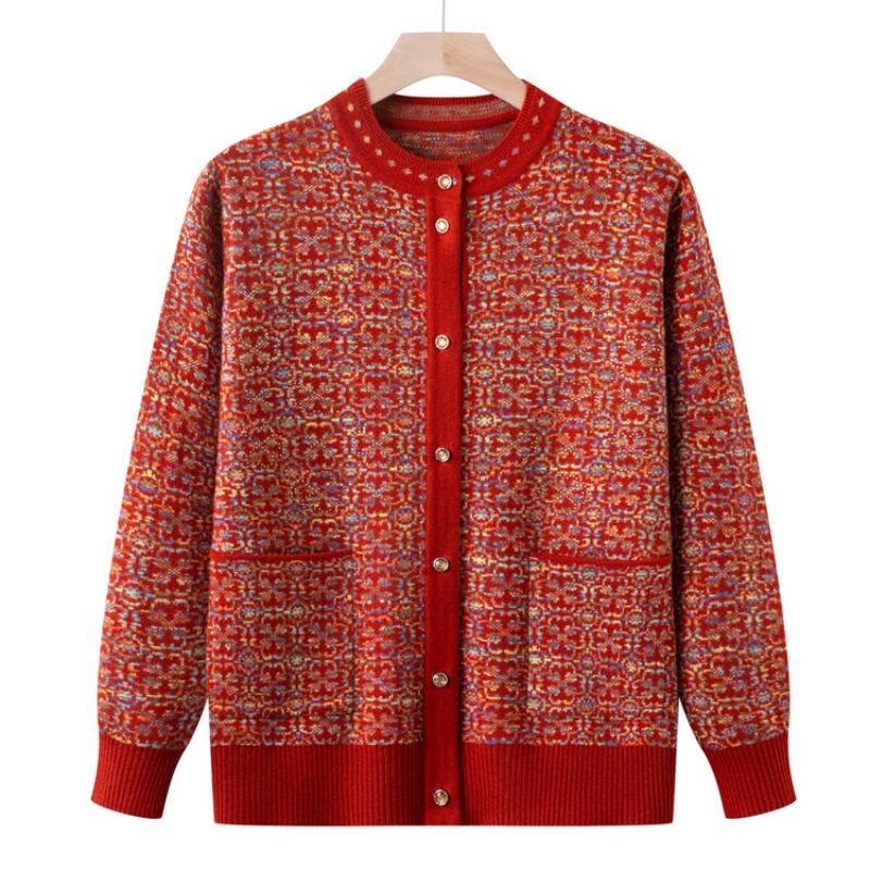 Chinesischer Damen-Strickjacken-Pullover neues Herbst-Oberteil für mittlere und ältere Jahre Strickpullover Damenmode Mutter-Outfit