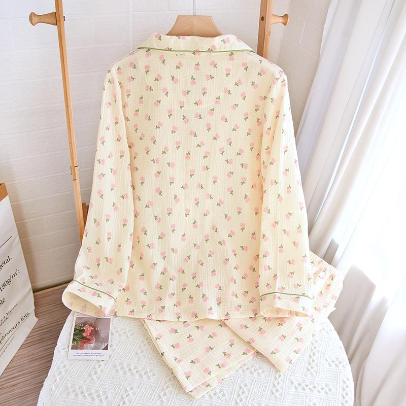 Women's Floral Crepe Pajama Set - Long Sleeve, Turn-Down Collar, Double Layer Gauze, Spring/Autumn Sleepwear
