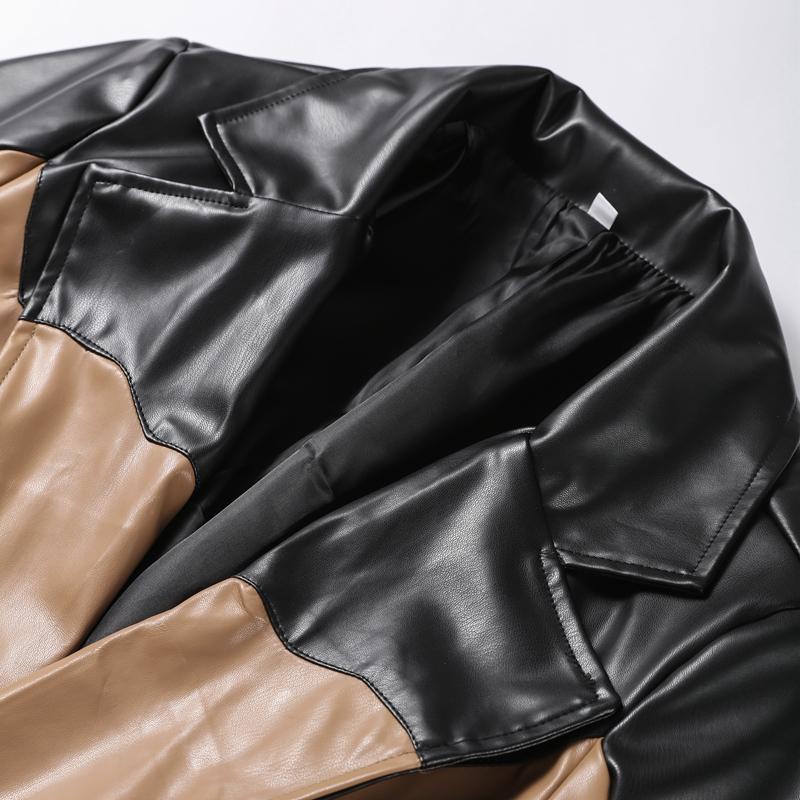 Contrast Leather Long Women Jacket Lace Up Lapel Long Sleeve Female Maxi Pu Jackets Autumn Winter Street Pocket Lady Coat