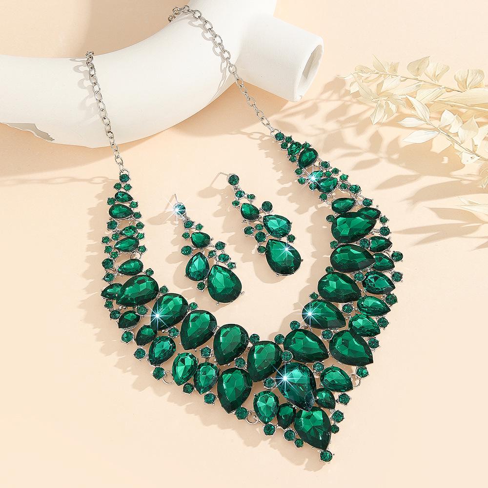 European Grand Green Crystal Necklace & Earring Set for Bride
