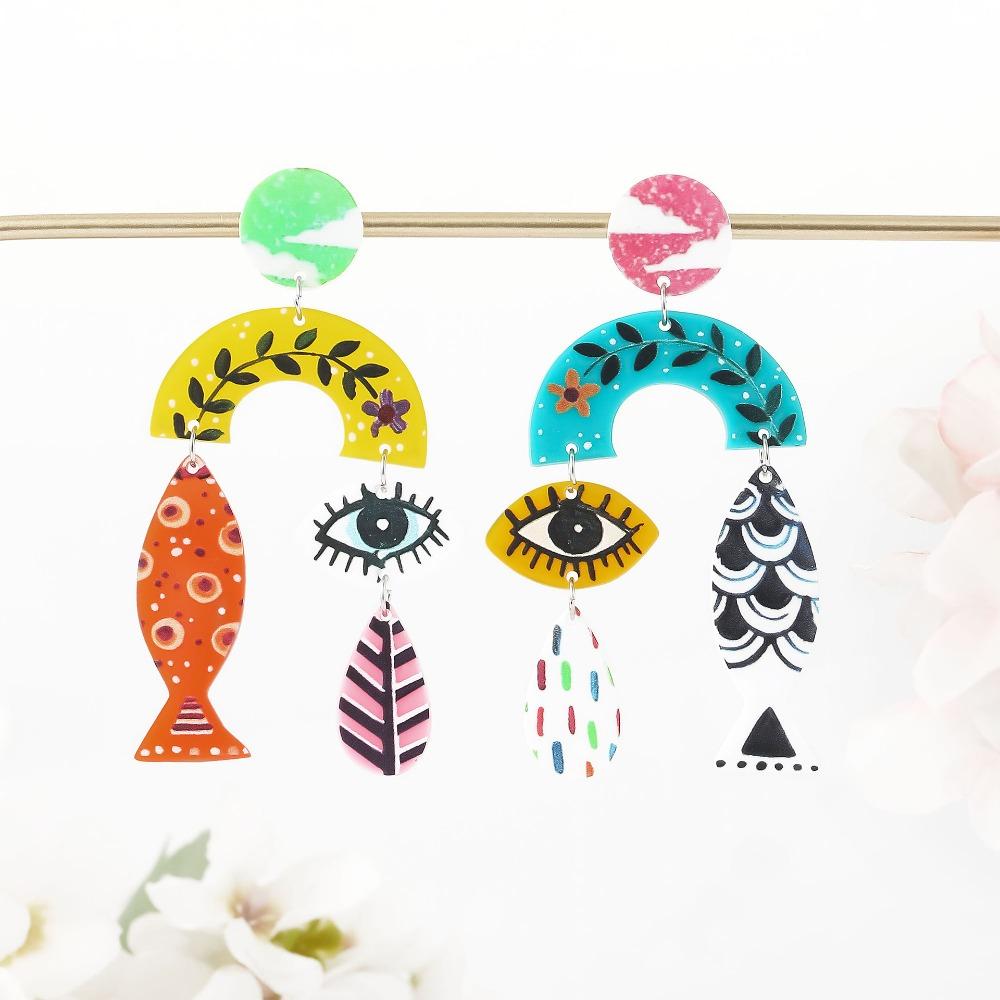 Personality Retro Colorful Abstract Fish Eye Leaf Printed Eco-friendly Acrylic Dangle Earrings for Women Trendy Designer Jewelry
