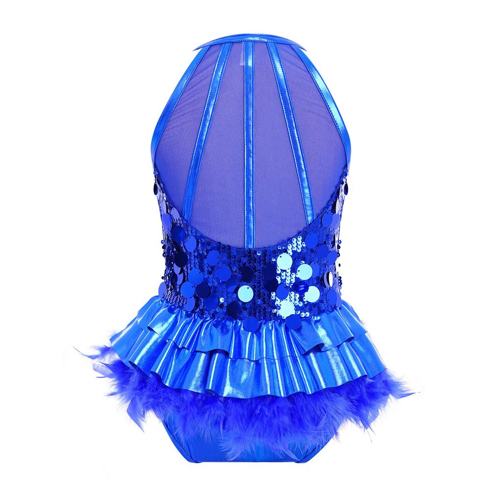 Kids Girls Dance Performance Costume Sleeveless Side Invisible Zipper Back Mesh Patchwork Feather Glittery Sequin Leotard