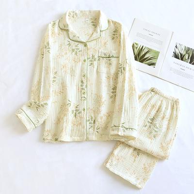 Fresh Sweet Pajamas Sets Women Double Gauze Wrinkly Cotton Sleepwear Long-sleeve Elegant Pure Cotton Pyjamas