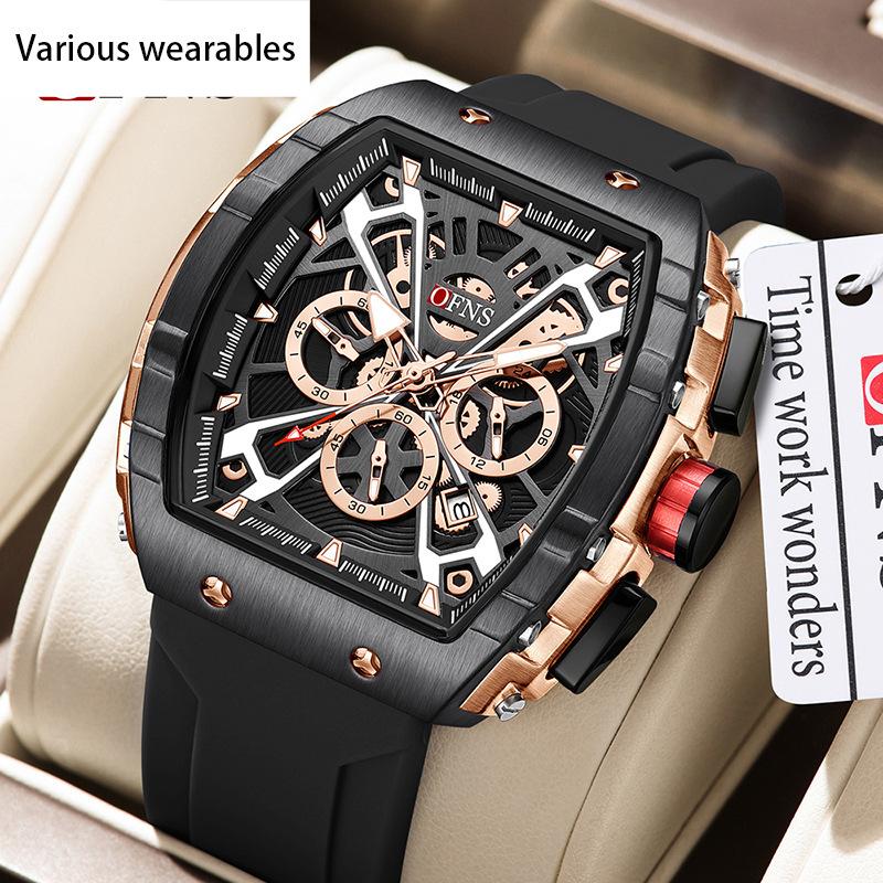 Men's Watch Barrel-shaped Fashionable Waterproof Quartz Watch Three Eyes Six Needles with Calendar Men's Watch