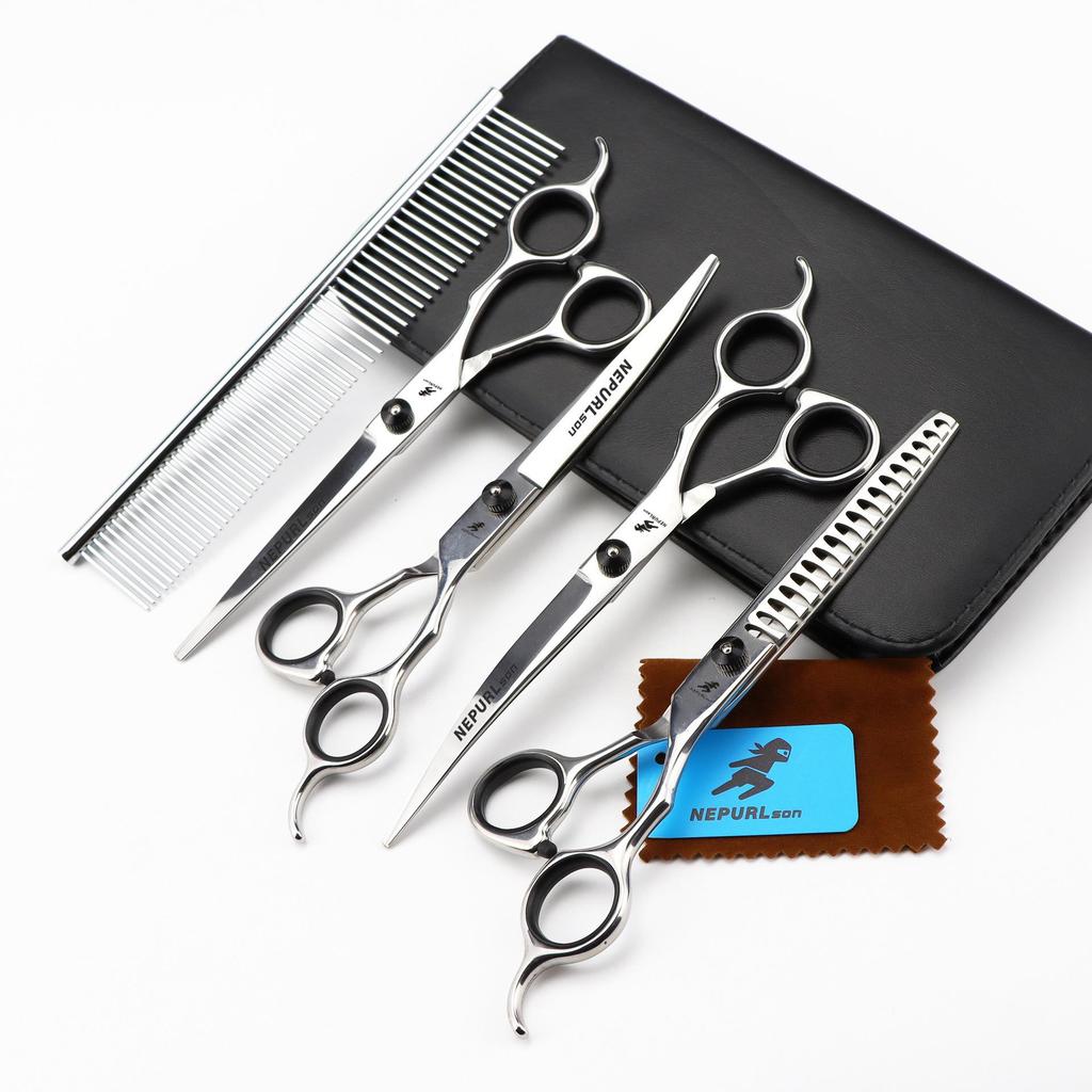 7-inch Napsun Black Pet Grooming Scissors Set: 4 Straight Shears, Fishbone Design, 3pcs 5pcs Options