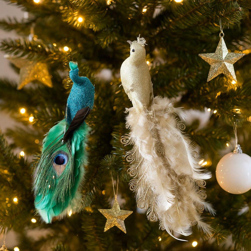 Glitter Christmas Peacock Ornaments Realistic Handmade Faux Peacock Feather Simulation Bird Christmas Tree Decoration