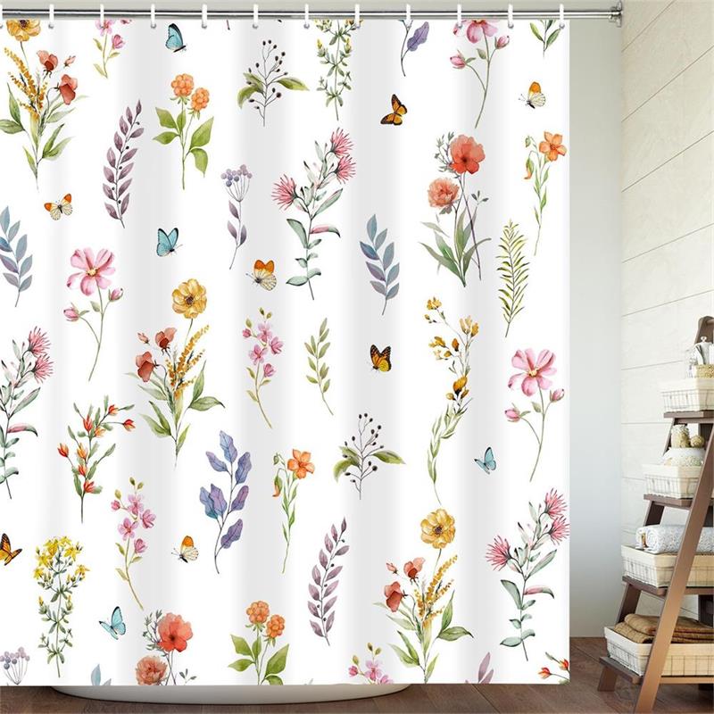 Blumen Duschvorhänge Aquarell Blumen Eukalyptusblätter Schmetterling Libelle Pflanze Polyester Stoff Badezimmer Vorhang Dekor