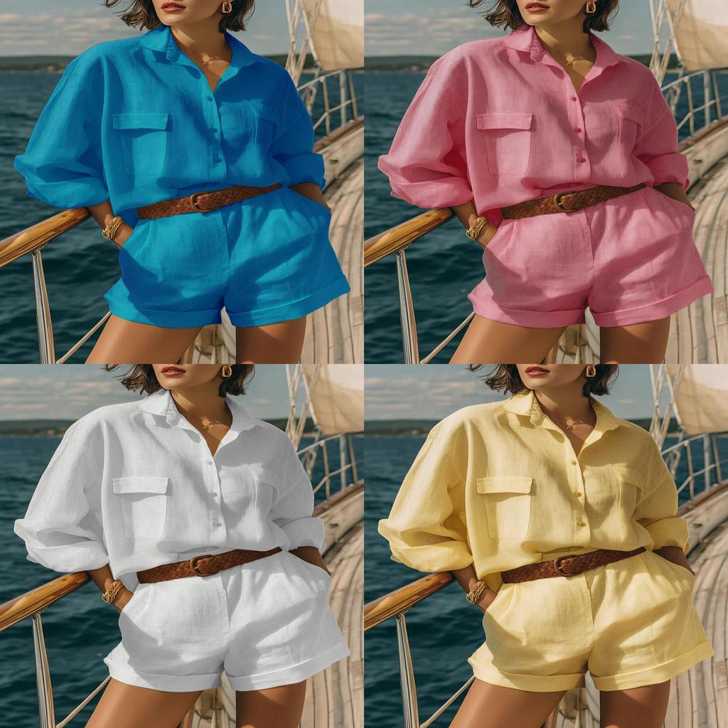Set Casual da Donna in Cotone e Lino a Maniche Corte con Pantaloncini per Estate e Primavera