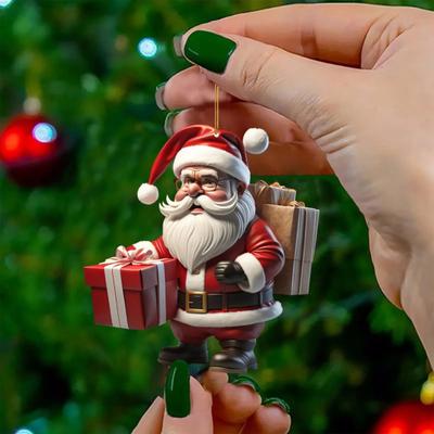 Acrylic Santa Claus Christmas Ornaments 2D Flat Santa Riding Bicycle Hanging Ornaments Funny Santa with Gift Box Decoration for Home Tree Decor