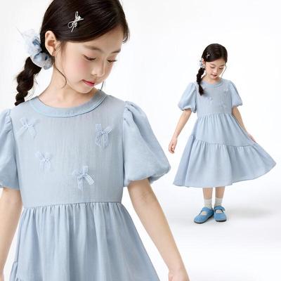 Girl's Summer Bowknot Puff Sleeve A-line Dress