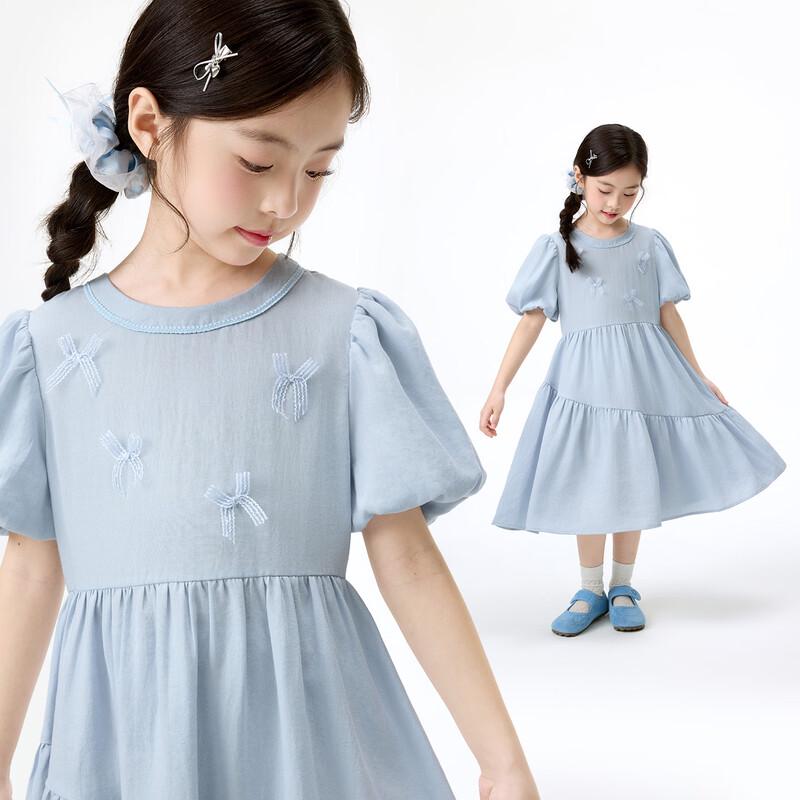 Girl s Summer Bowknot Puff Sleeve A-line Dress 140