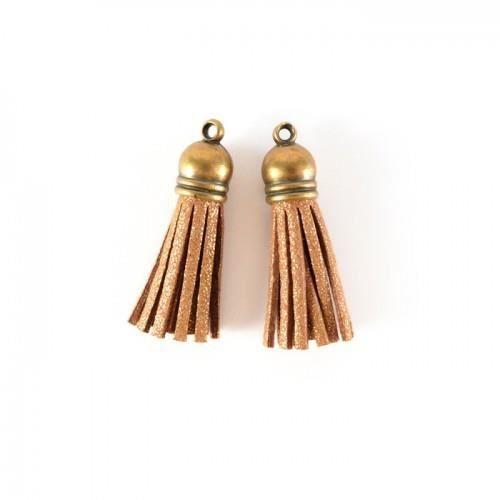 Pompons à franges - Non spécifié - 4 cm - Couleur Jaune - Suédine - Embout bronze