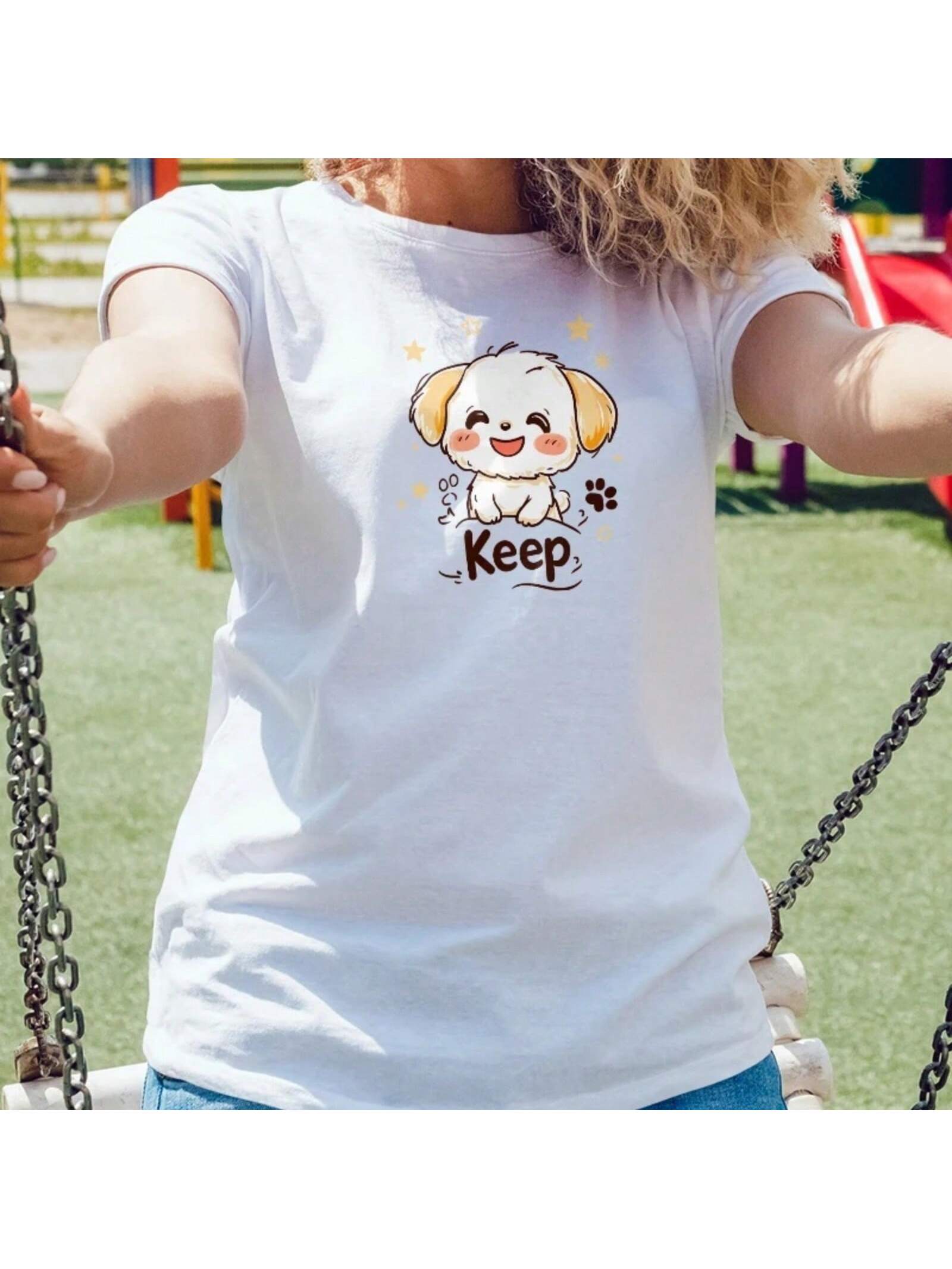 Wounisex s T-Shirt Casual Round Neck Short Sleeve Puppy Print Spring Summer Breathable Fit 2025 New Fashion S разноцветный