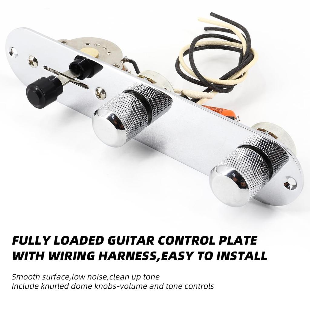 Domofa Loaded Telecaster Electric Guitar Control Plate Pre-wired 3-Way Switch 500K Potentiometer Tone Volume Knobs Wiring Harness Chrome