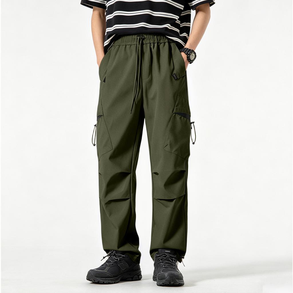 Men's Loose Fit Cargo Pants with Multi Pocket Design Drawstring Waist Straight Leg Trousers for Casual Daily Wear