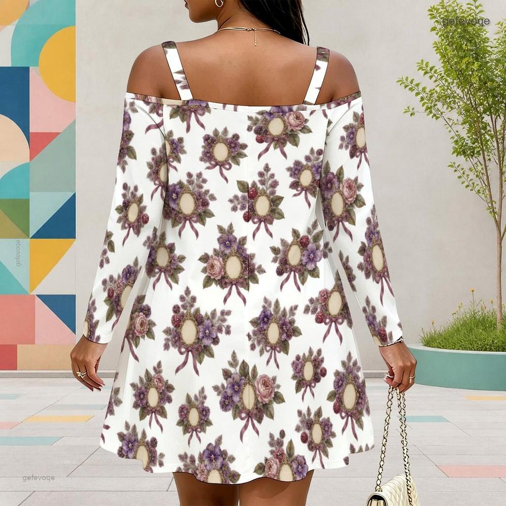 Women Plus Size Cold Shoulder Long Sleeve White Floral Printed Dress
