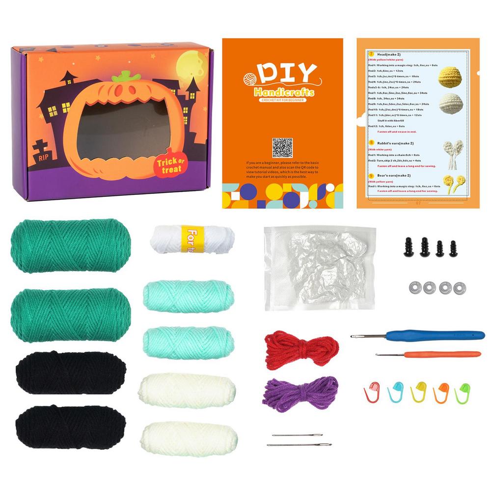

Набор для вязания крючком «Животные на Хэллоуин» для начинающих, ручная работа, зеленый набор для вязания крючком, портативный праздничный набор для рукоделия с зелеными животными для детей синий