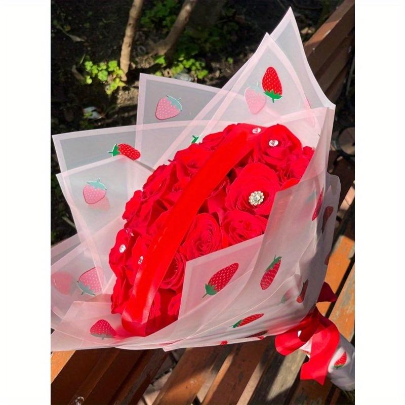 20-Pack Cartoon Strawberry Print Waterproof Floral Wrapping Paper, Semi-Transparent Bouquet Sheets for Weddings & Gifts, Back To School Valentine Day