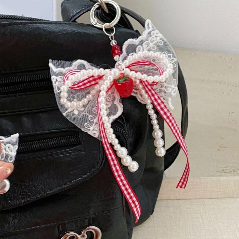 Delicate Pearls and Lace Bowknot Bag Ornament With Gingham Pattern Portable Accessory for Daily Commutes or Dates