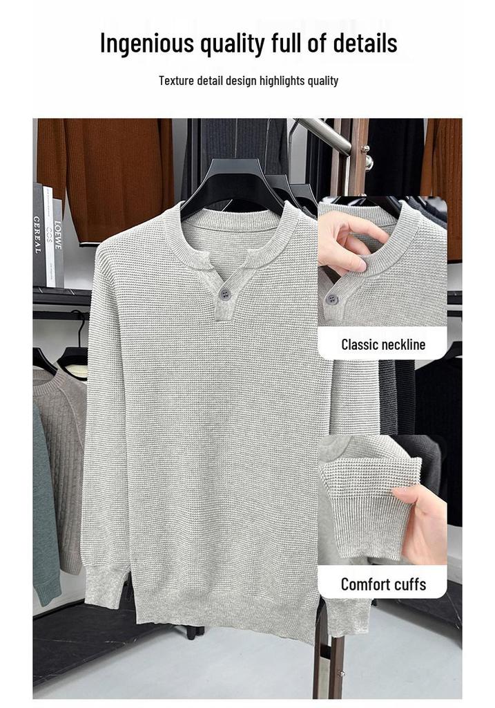 Men's Casual Cotton Knitwear Sweater - Solid Color, Long Sleeve, Versatile, Trendy Autumn/Winter Top