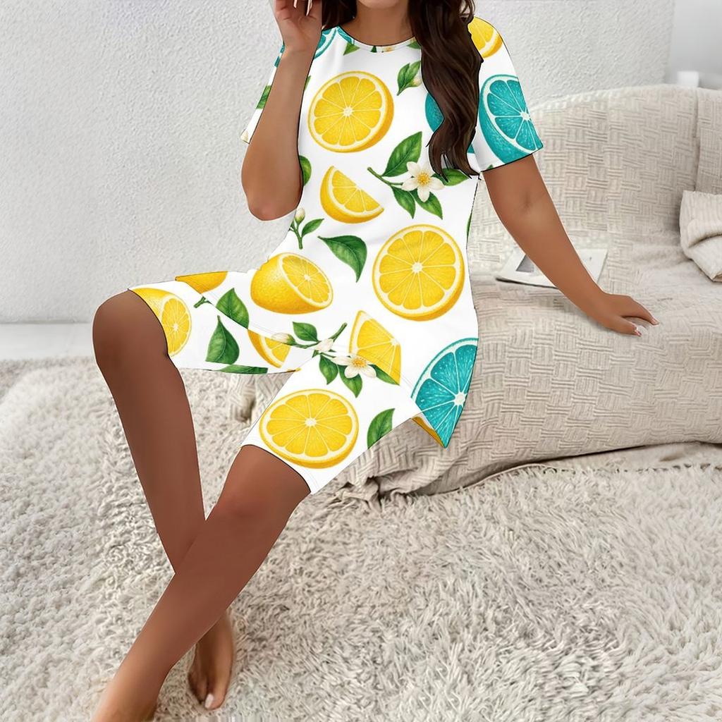 Women Plus Size Round Neck Short Sleeve Tropical Leaf Printed Two Piece Set Longline Top Fitted Shorts