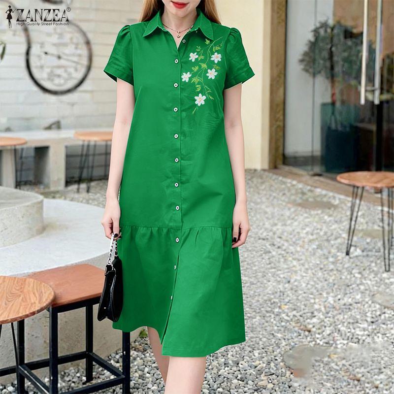 ZANZEA Women Casual Turn Down Collar Floral Print Short Sleeve Dress