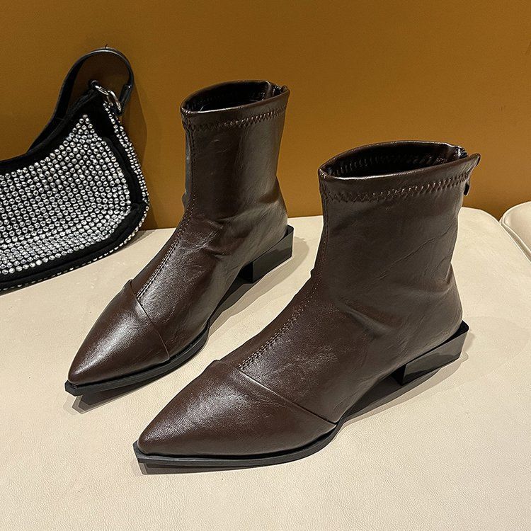 French Retro Brown Thick Heeled Elastic Boots for Women s Autumn and Winter New Style Mid Heeled Pointed Ankle Boots 35