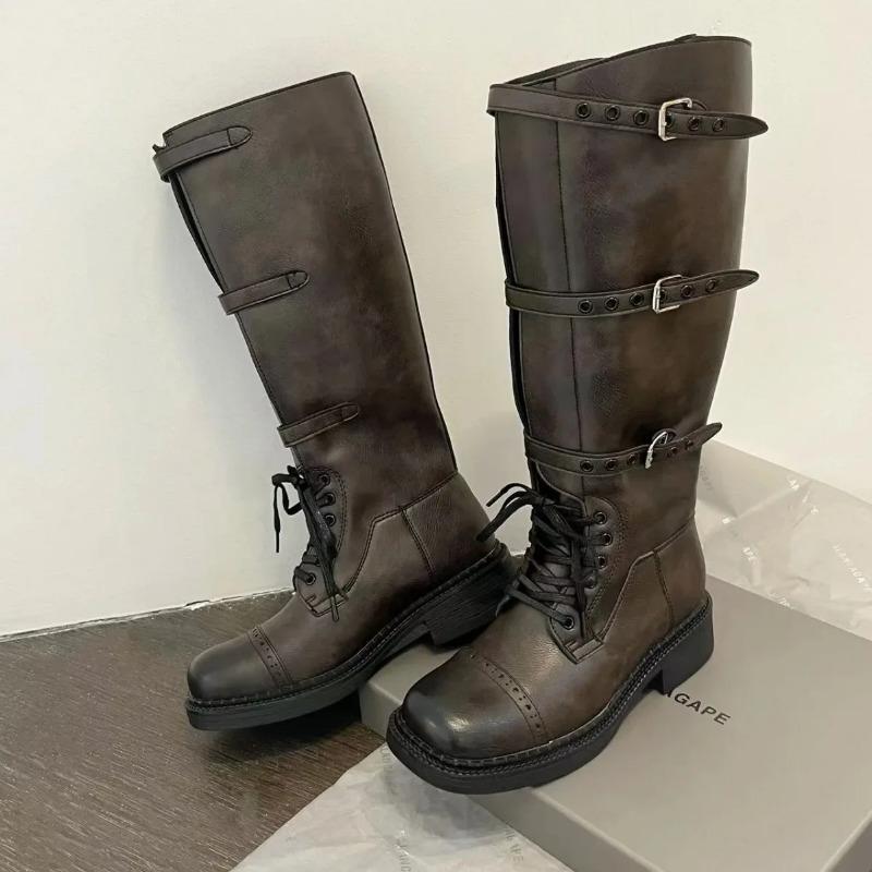 Nové 2025 Podzimní Vintage Kozačky Dámské Westernové Kovbojské Kozačky Designérské Střední Podpatek Nazouvací Dlouhé Kožené Rytířské Kozačky Jezdecké Kozačky