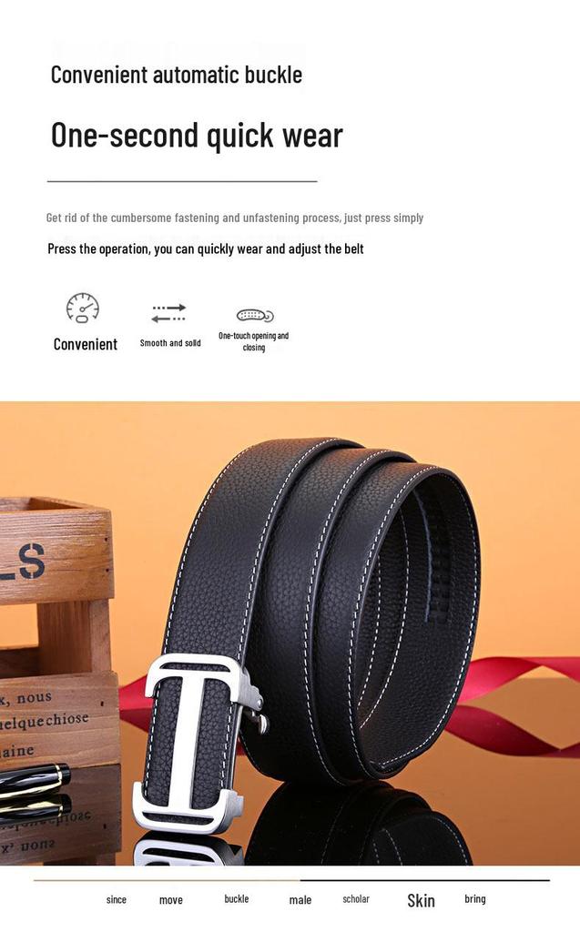 Men's Automatic Buckle Stainless Steel Belt, Genuine Leather Cowhide, Youth Versatile Casual Design