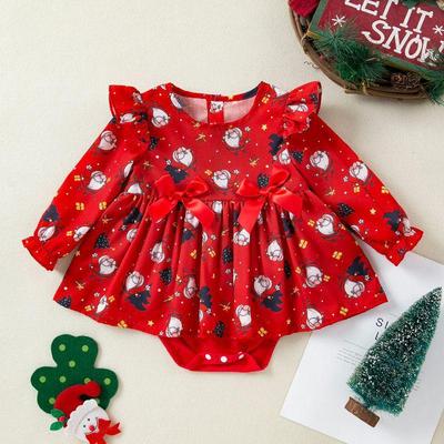 Christmas Baby Romper Dress with Old Man Head - Girls' Autumn/Winter Long-Sleeved One-Piece