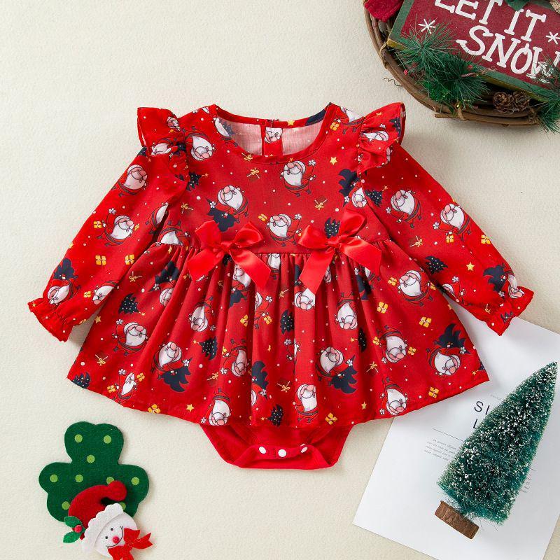 Christmas Baby Romper Dress with Old Man Head - Girls  Autumn/Winter Long-Sleeved One-Piece 68cm (3-6M)
