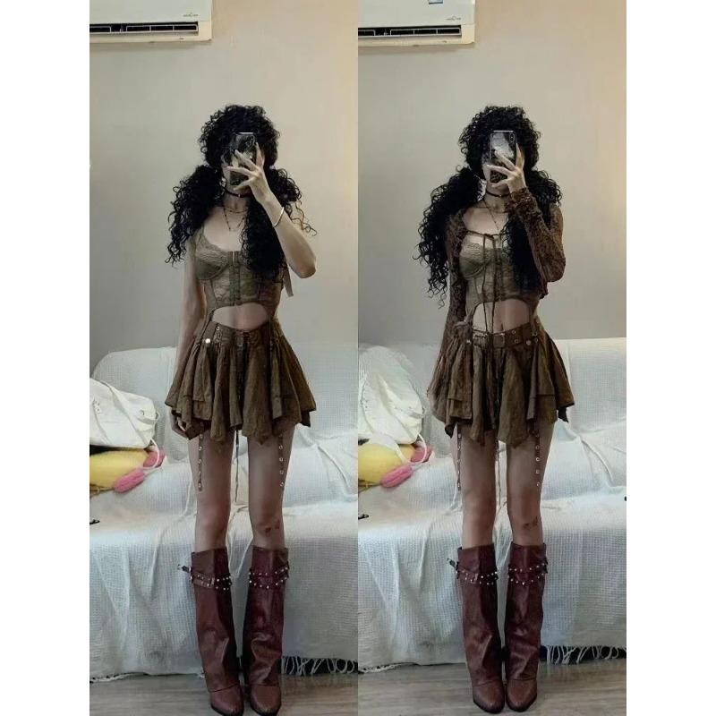Harajuku Vintage-Mode 3-teiliges Set für Damen, kurze Strickjacke + schmale Weste + Y2k E-Girl-Rock mit hoher Taille, Hot Girls-Anzug im koreanischen Stil