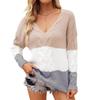 Women's Casual V-neck Fashion Colorblock Loose Pullover Long-sleeved Top