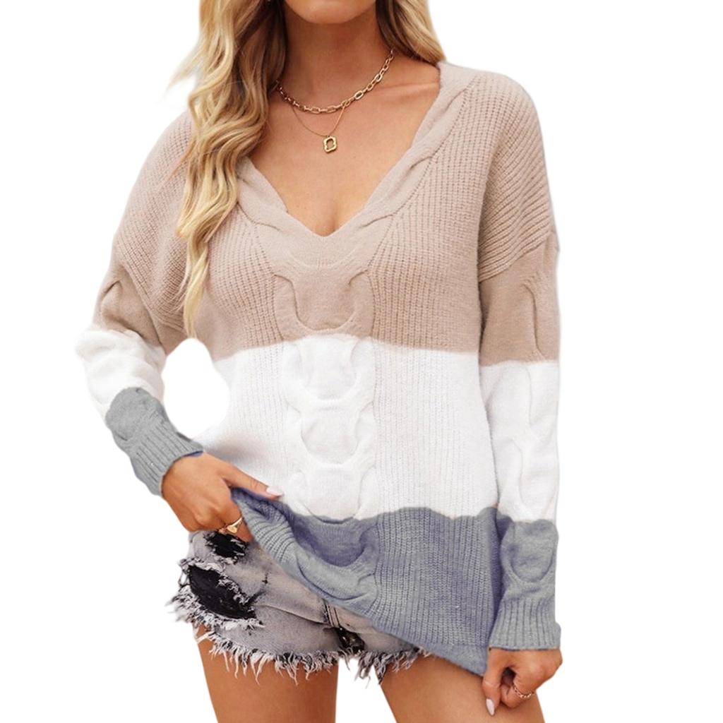 Women's Casual V-neck Fashion Colorblock Loose Pullover Long-sleeved Top