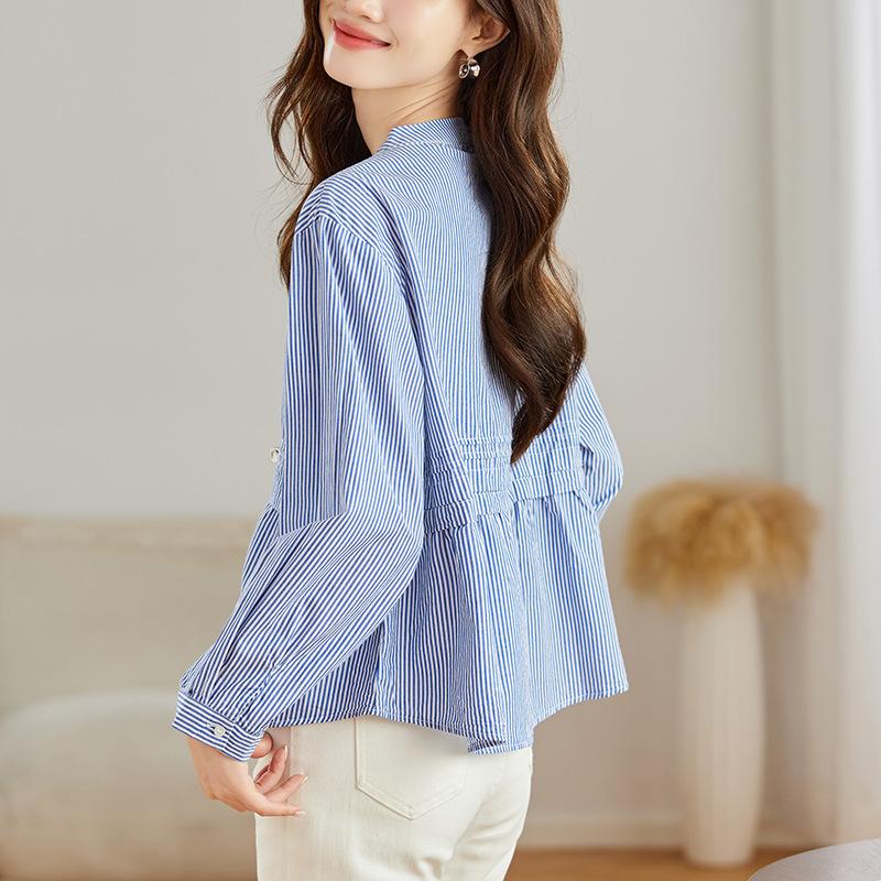 Female Spring Long Sleeve Round Collar Striped Shirt Single Row Multi Button Commuter Top