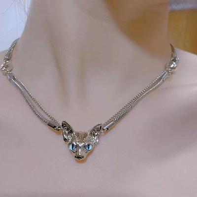 Fashionable Sweet and Cool Dark Cat Head Double Layer Clavicle Chain Senior Niche Design Cool Temperament Leopard Head Necklace