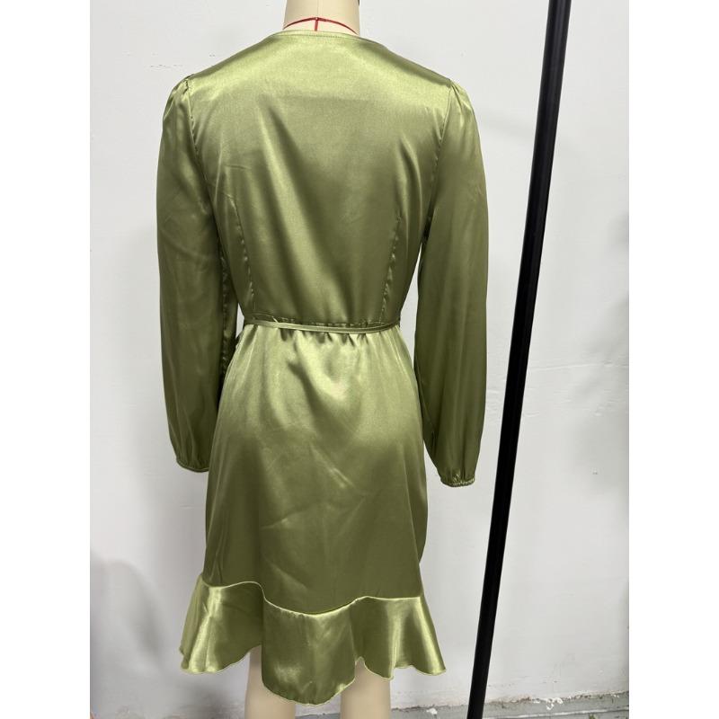 Women Satin Royal Blue Wrap V Neck Ruffle Hem Long Sleeve Mini Dress