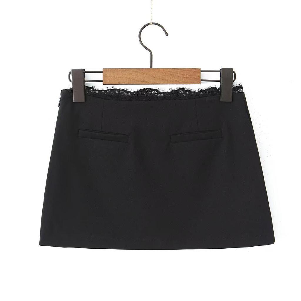 European Lace-Trim High-Waisted Bodycon Mini Skirt with Safety Shorts