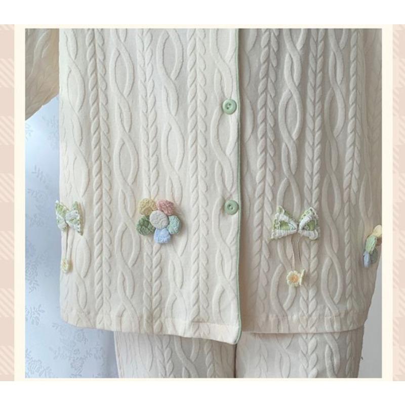 Pajama Set Women's Spring and Autumn Cardigan New Girls Simple Casual Princess Style Home Clothes Long Sleeve Pajama Set