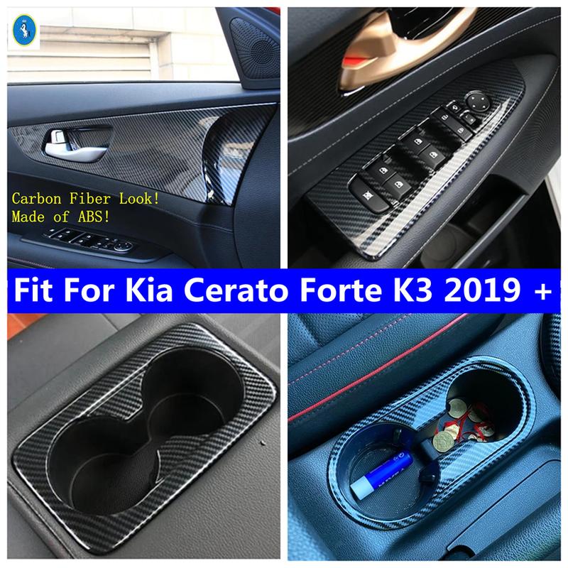Carbon Fiber Look Inner door bowl / Window Glass Lift / Water Cup Decor Frame Cover Trim For Kia Cerato Forte K3 -