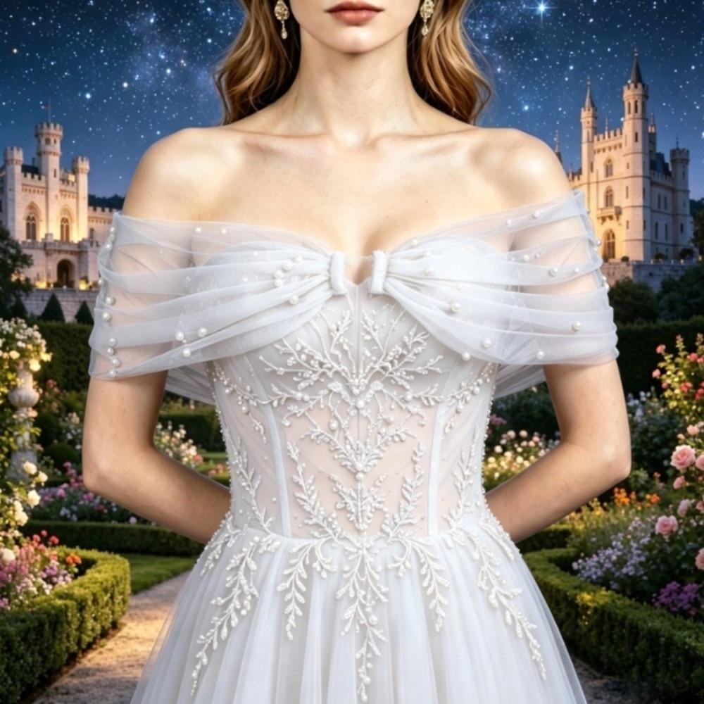 Solid Color Off Shoulder Sleeves With Pearls Detachable Shoulder Straps  Party