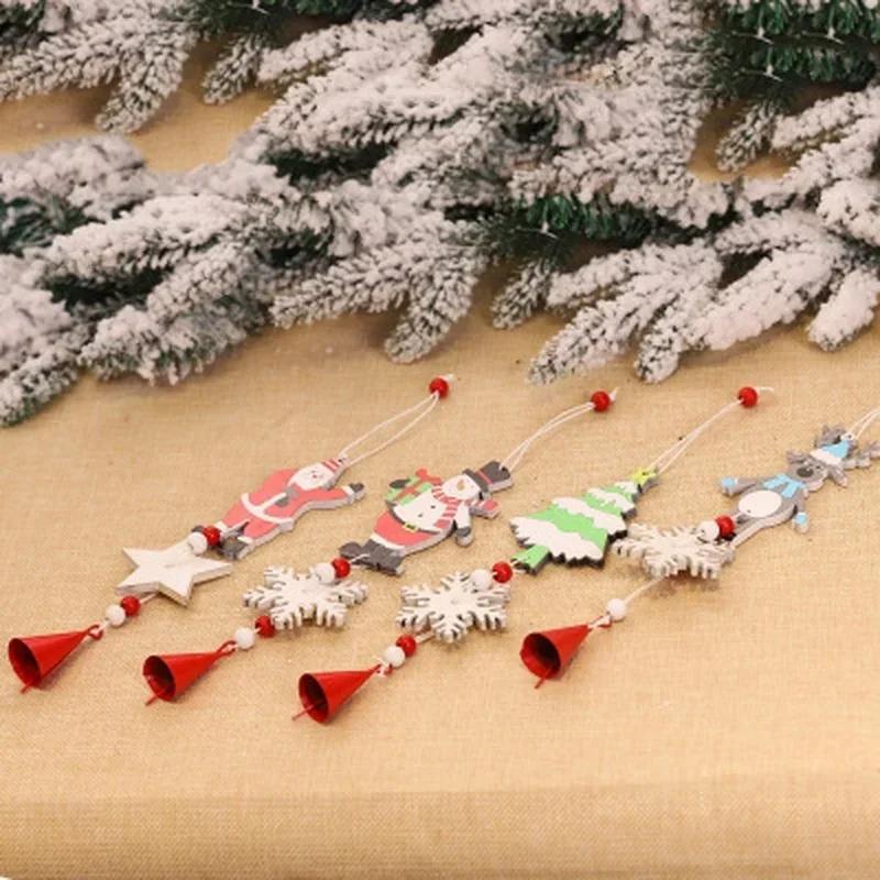Christmas Style Decoration Wooden Xmas Tree Bell Hanging Pendant Ornament Handmade DIY Wood Crafts Kids Gift Party Decor