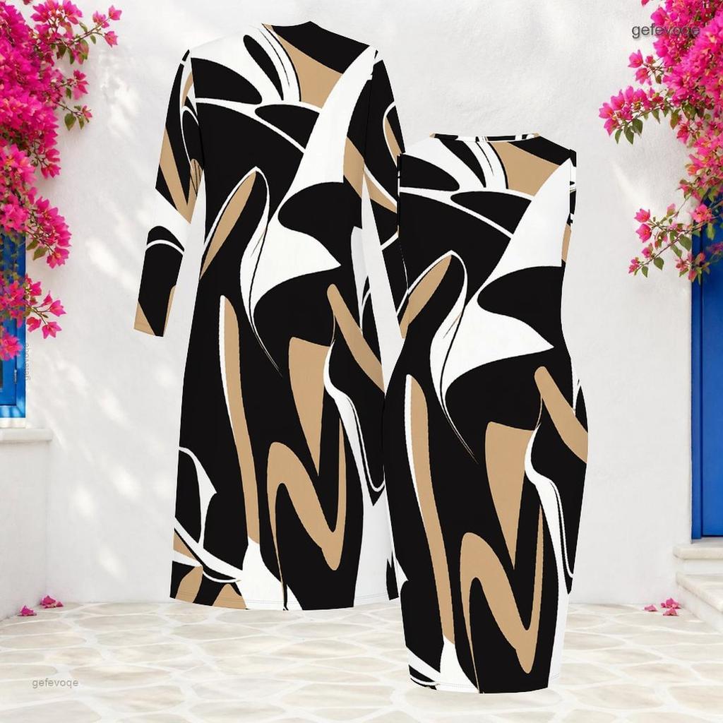 Women Plus Size Two Piece Set Long Sleeve Open Front Cardigan Sleeveless Crew Neck Bodycon Printed Dress