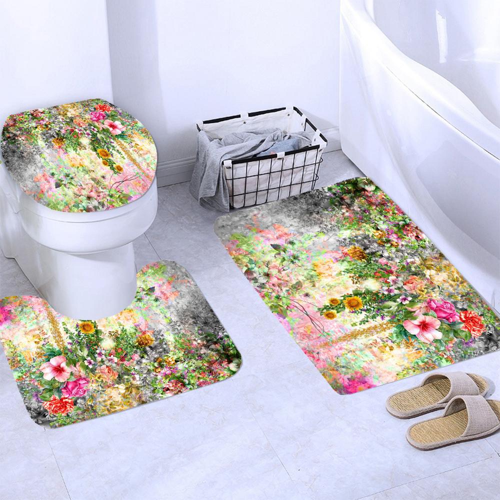 Butterfly Red Roses And Flowers Print Shower Curtain Set Anti-Slip Rugs Toilet Lid Cover Bath Mat  Bathroom Curtains Decoration