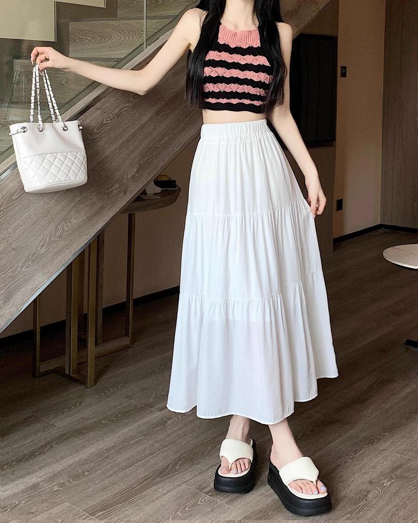 Women's Petite Black & White Midi A-Line Skirt - Summer 2024 Collection, High-Waisted, Drapey Design