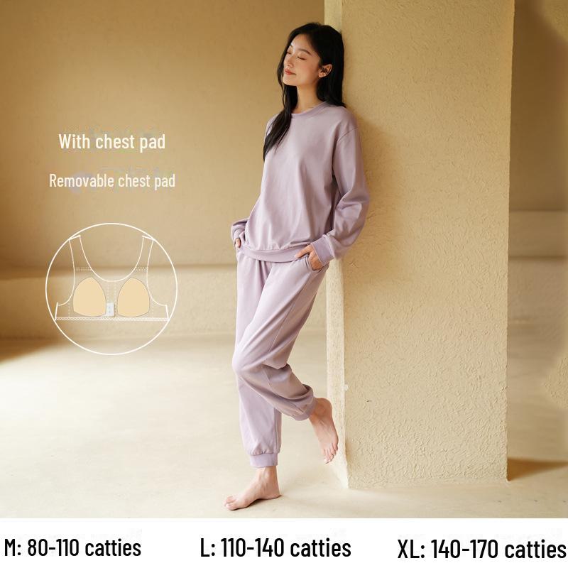 Women's Pure Cotton Long-Sleeve Pajama Set with Chest Pads - Large Size, Spring/Autumn 2025